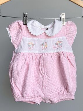 Vtg Baby Dior Pink Textured Smocked Bubble Romper 6M 80s USA